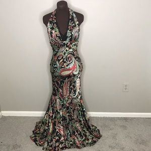 Halter paisley fishtail gown